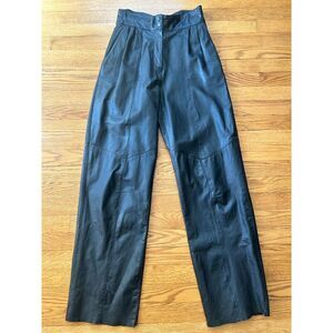 Vintage Black Leather Pants High Waisted Pleated Straight Leg Leather Size 7/8